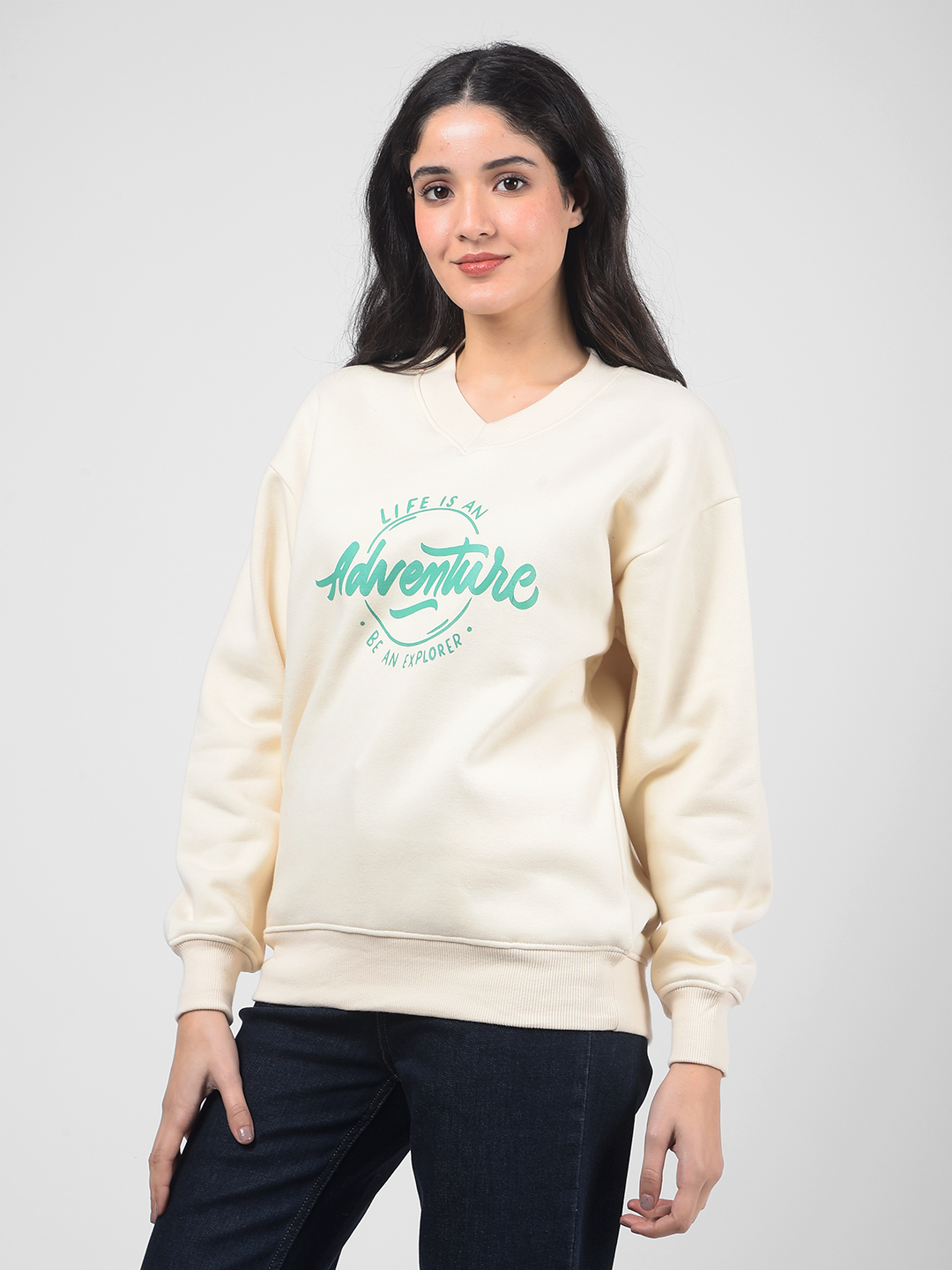Numero Uno Women Cream V-Neck Sweatshirts